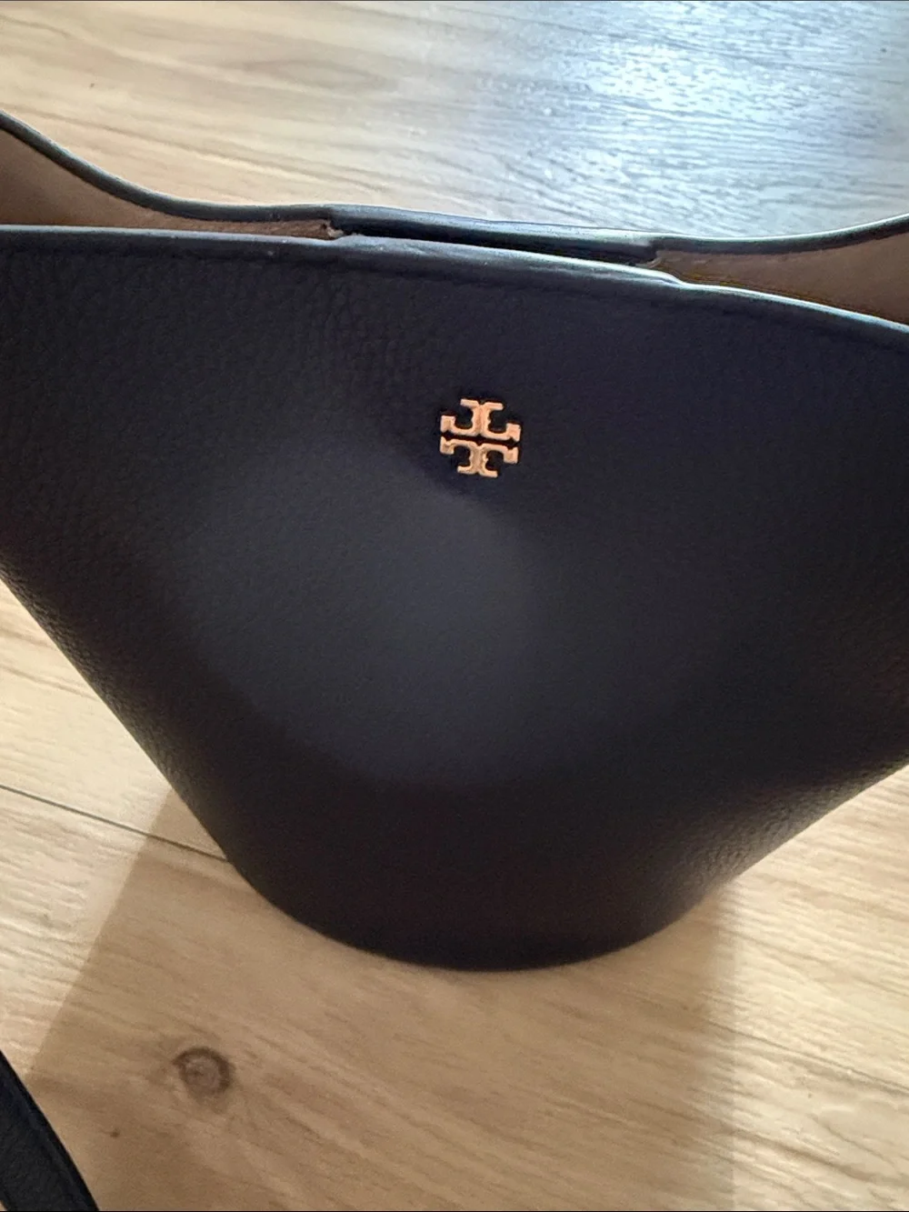 Tory Burch Black Pebbled Leather Bucket Crossbody with Gold Logo